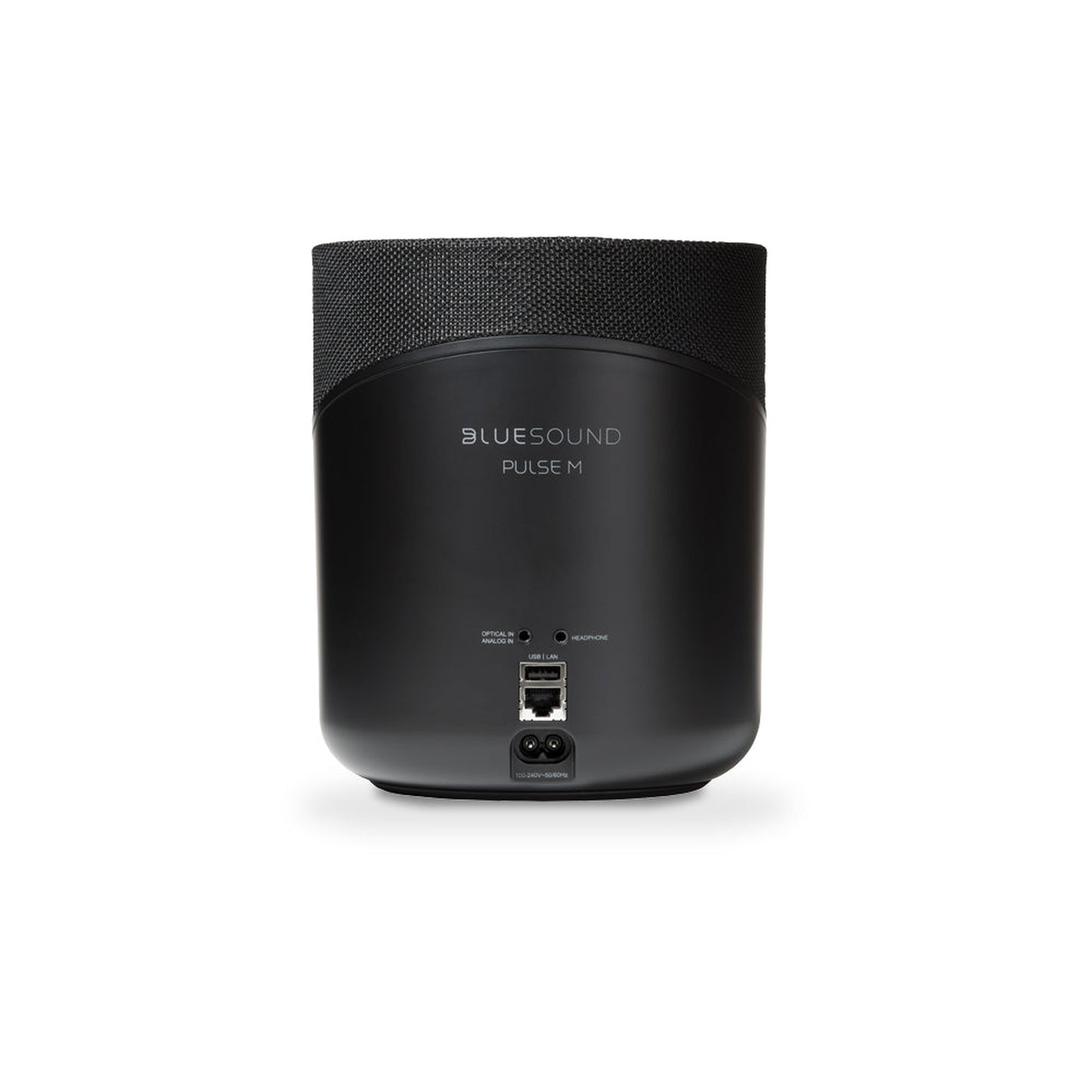 Bluesound Pulse M Streaming-Lautsprecher Schwarz Rückansicht mit Optical, Analog-In, USB, LAN und Netzanschluss