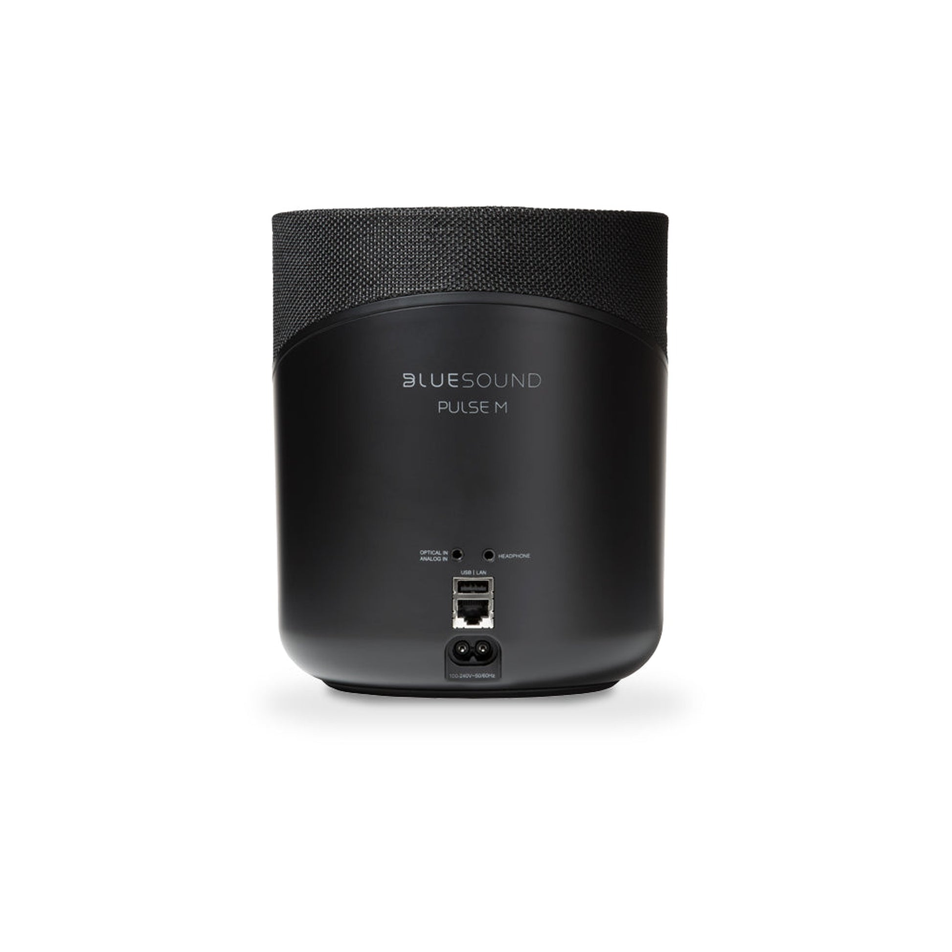 Bluesound Pulse M Streaming-Lautsprecher Schwarz Rückansicht mit Optical, Analog-In, USB, LAN und Netzanschluss