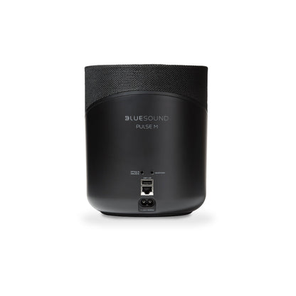 Bluesound Pulse M Streaming-Lautsprecher Schwarz Rückansicht mit Optical, Analog-In, USB, LAN und Netzanschluss