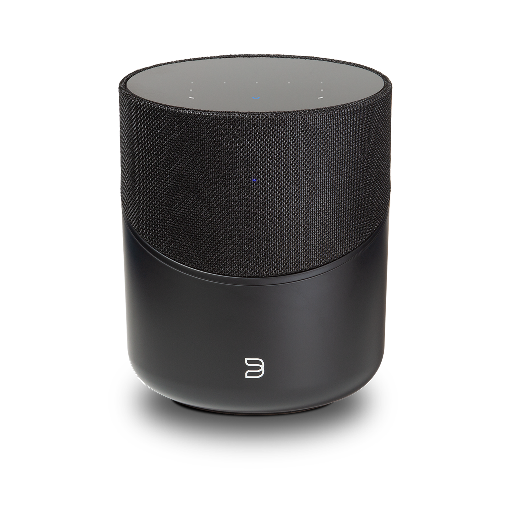 Bluesound Pulse M Streaming-Lautsprecher Schwarz Schrägansicht von vorne oben mit Touch-Bedienfeld