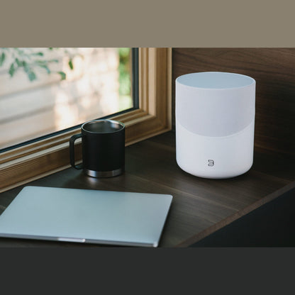 Bluesound Pulse M Streaming-Lautsprecher Weiss Lifestyle auf Fensterbank neben Laptop und Tasse