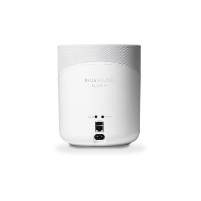 Bluesound Pulse M Streaming-Lautsprecher Weiss Rückansicht mit Optical, Analog-In, USB, LAN und Netzanschluss