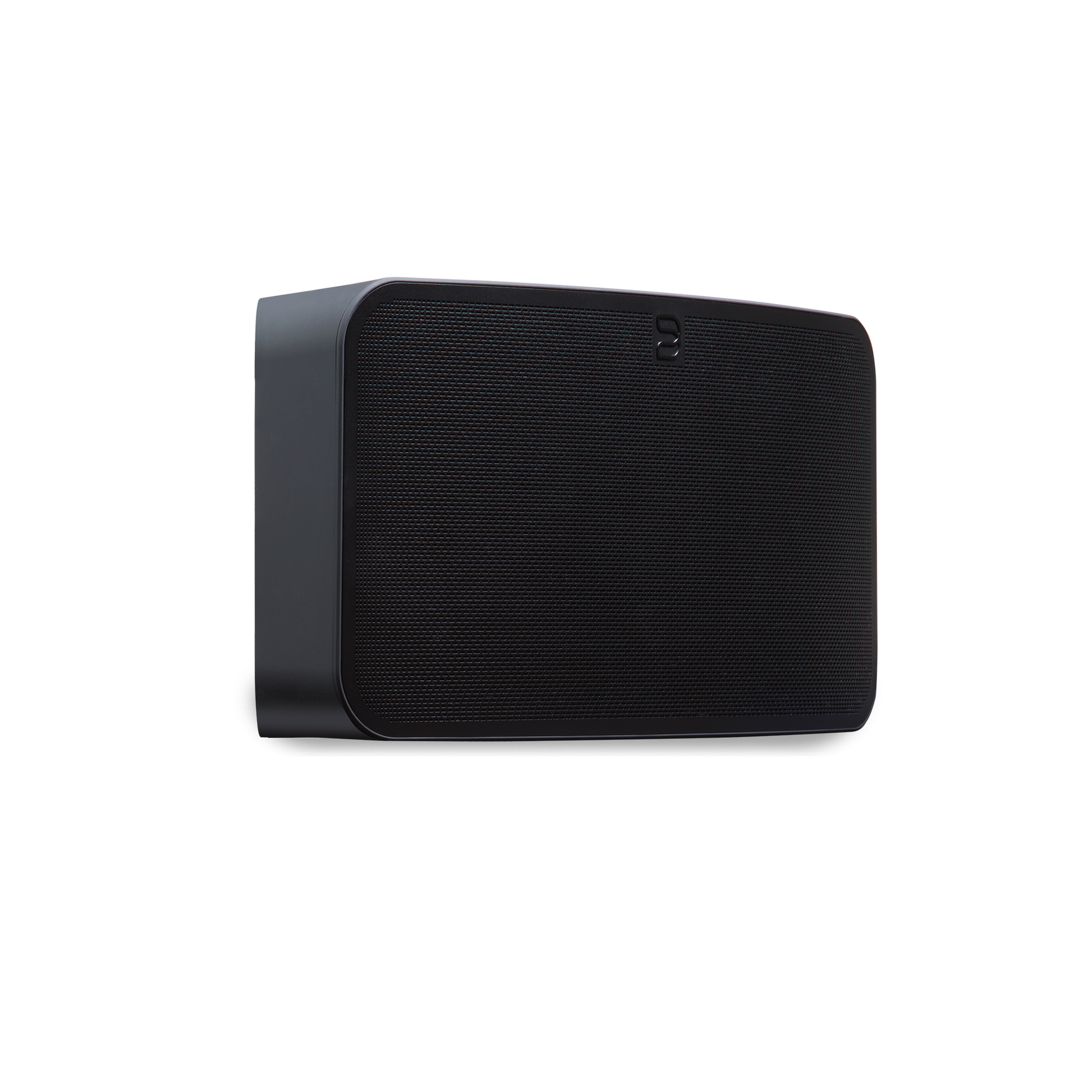 Bluesound Pulse Mini 2i Streaming-Lautsprecher Schwarz Schrägansicht von links auf Gitter und Gehäuseflanke