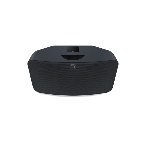 Bluesound Pulse Mini 2i Streaming-Lautsprecher Schwarz Schrägansicht von vorne oben mit Bedienfeld