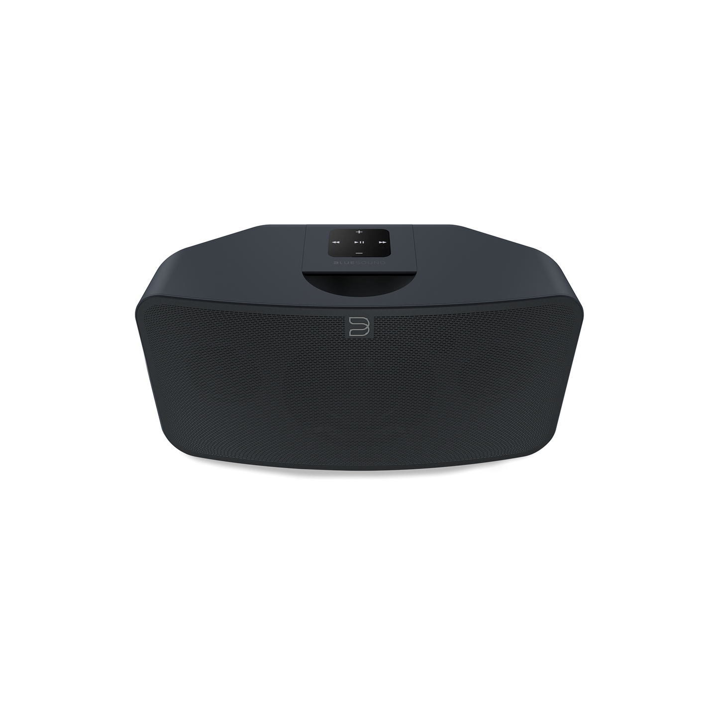 Bluesound Pulse Mini 2i Streaming-Lautsprecher Schwarz Schrägansicht von vorne oben mit Bedienfeld