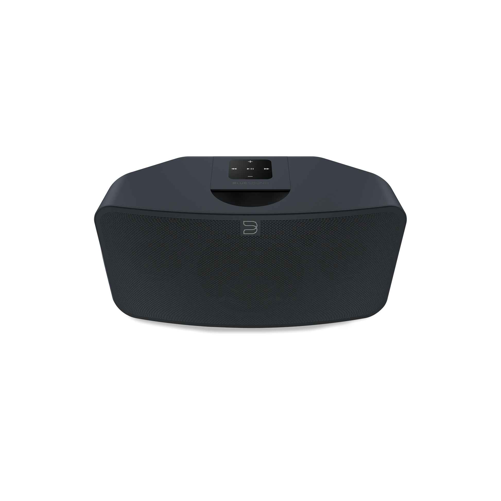 Bluesound Pulse Mini 2i Streaming-Lautsprecher Schwarz Schrägansicht von vorne oben mit Bedienfeld