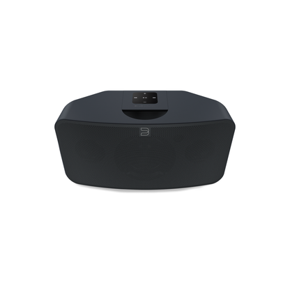 Bluesound Pulse Mini 2i Streaming-Lautsprecher Schwarz Schrägansicht von vorne oben mit Bedienfeld