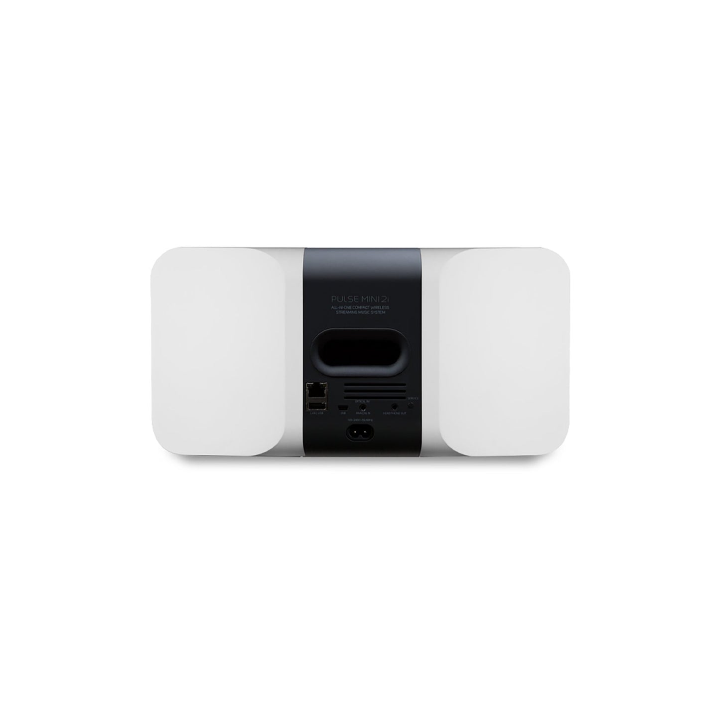 Bluesound Pulse Mini 2i Streaming-Lautsprecher Weiss Rückansicht mit LAN, Optical, USB und Netzanschluss
