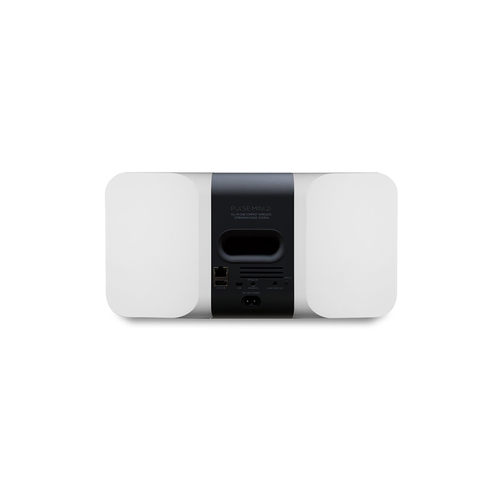 Bluesound Pulse Mini 2i Streaming-Lautsprecher Weiss Rückansicht mit LAN, Optical, USB und Netzanschluss