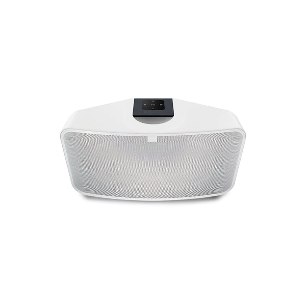 Bluesound Pulse Mini 2i Streaming-Lautsprecher Weiss Schrägansicht von vorne oben mit Bedienfeld