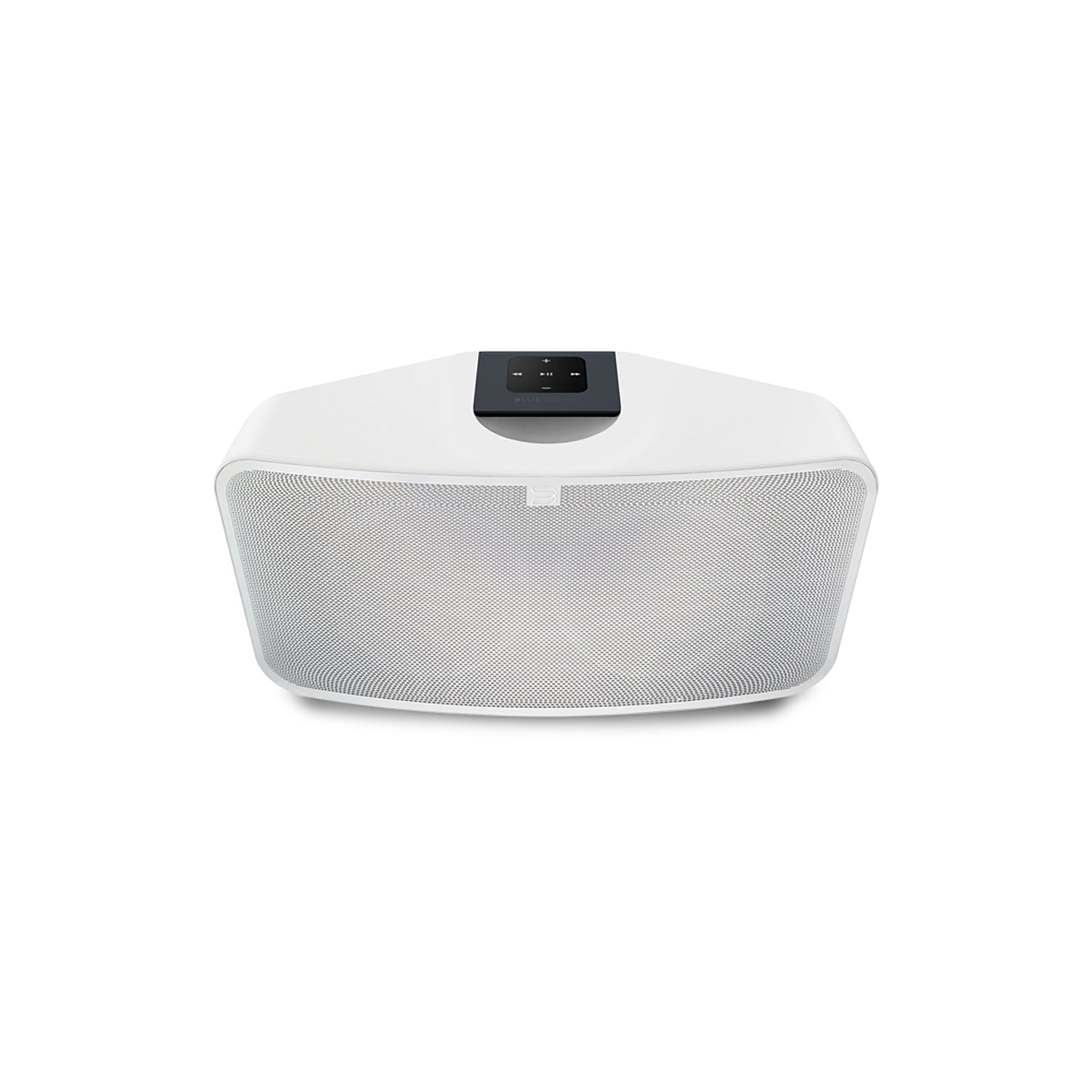 Bluesound Pulse Mini 2i Streaming-Lautsprecher Weiss Schrägansicht von vorne oben mit Bedienfeld