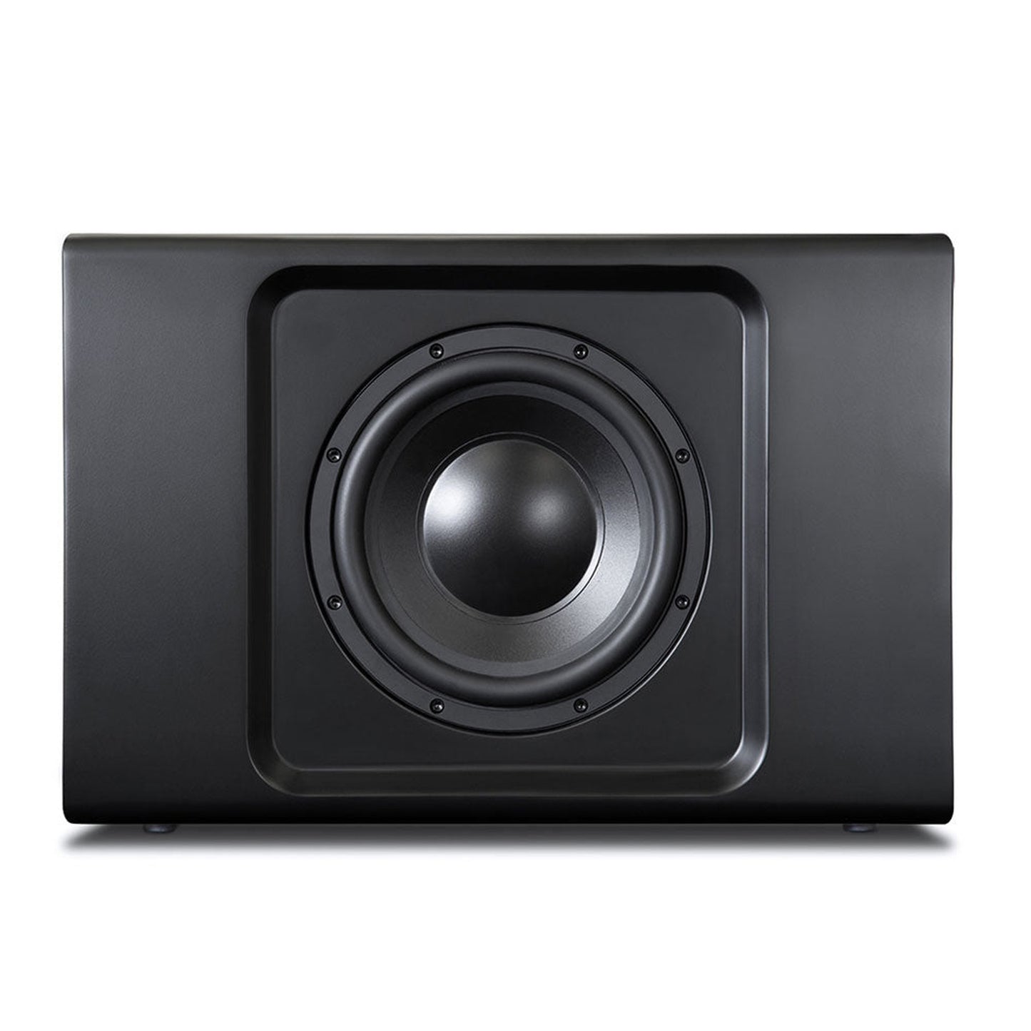 Bluesound Pulse Sub+ Subwoofer Schwarz Frontansicht ohne Gitter mit sichtbarem Tieftöner