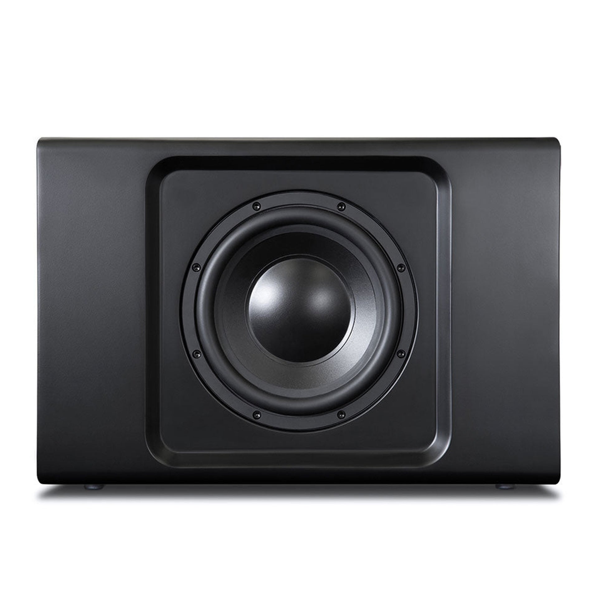 Bluesound Pulse Sub+ Subwoofer Schwarz Frontansicht ohne Gitter mit sichtbarem Tieftöner