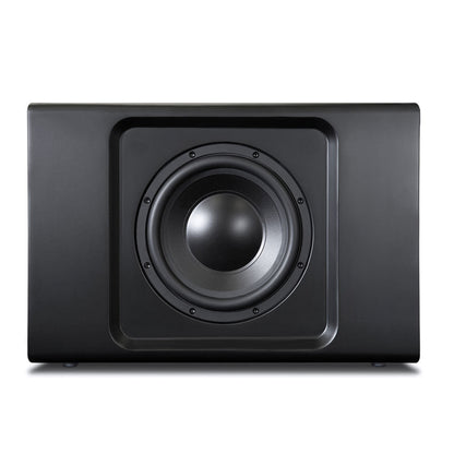 Bluesound Pulse Sub+ Subwoofer Schwarz Frontansicht ohne Gitter mit sichtbarem Tieftöner