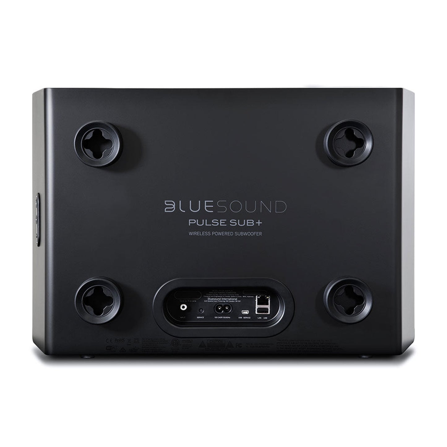 Bluesound Pulse Sub+ Subwoofer Schwarz Rückansicht mit vier Standfüssen, Netzanschluss, LAN und USB