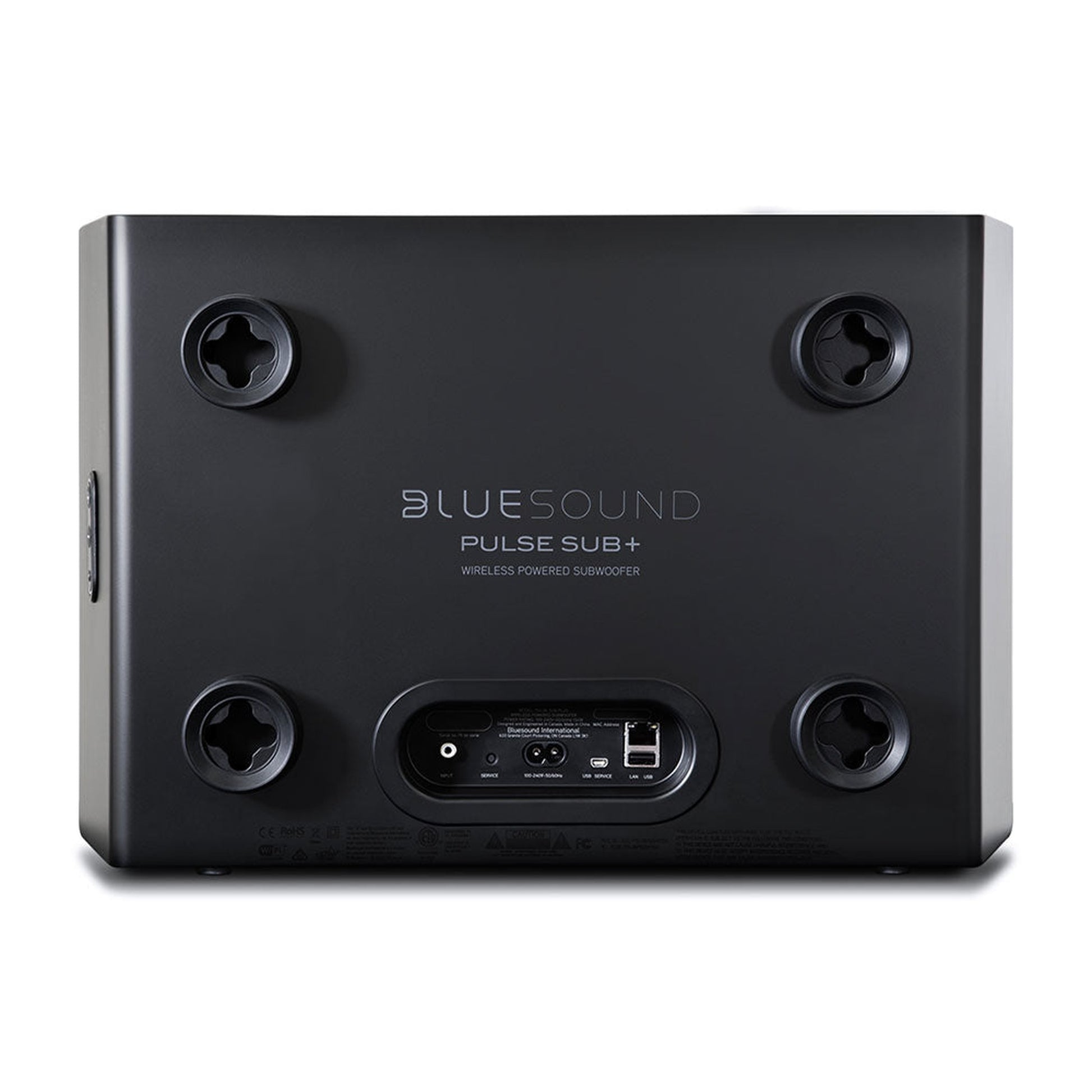 Bluesound Pulse Sub+ Subwoofer Schwarz Rückansicht mit vier Standfüssen, Netzanschluss, LAN und USB