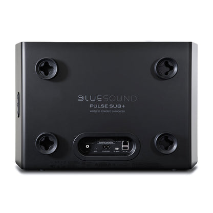 Bluesound Pulse Sub+ Subwoofer Schwarz Rückansicht mit vier Standfüssen, Netzanschluss, LAN und USB