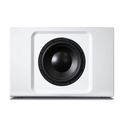 Bluesound Pulse Sub+ Subwoofer Weiss Frontansicht ohne Gitter mit sichtbarem Tieftöner