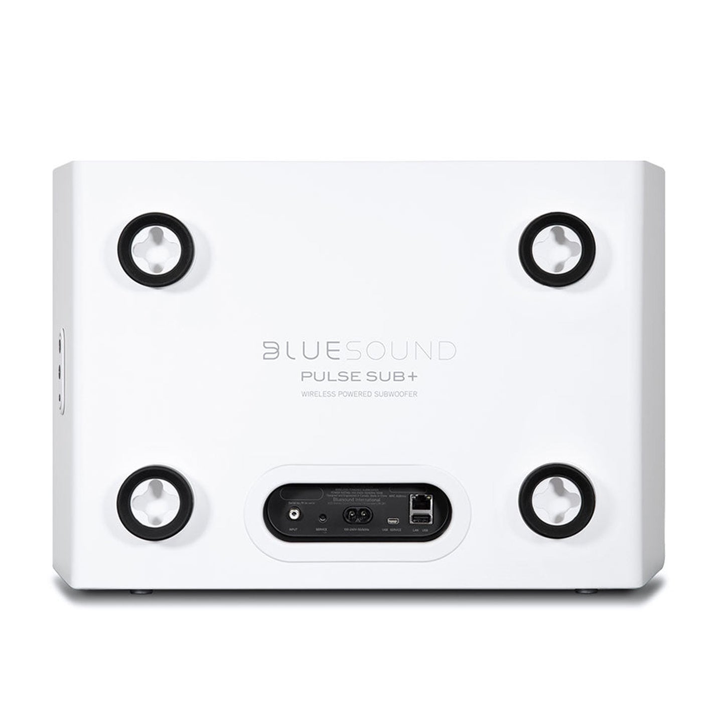 Bluesound Pulse Sub+ Subwoofer Weiss Rückansicht mit vier Standfüssen, Netzanschluss, LAN und USB