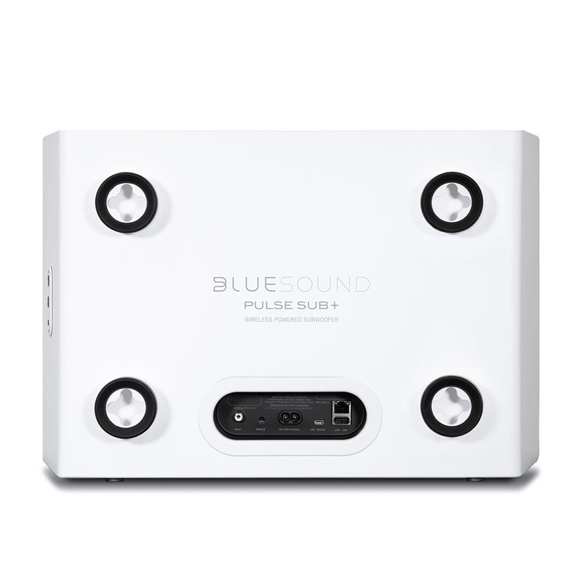 Bluesound Pulse Sub+ Subwoofer Weiss Rückansicht mit vier Standfüssen, Netzanschluss, LAN und USB