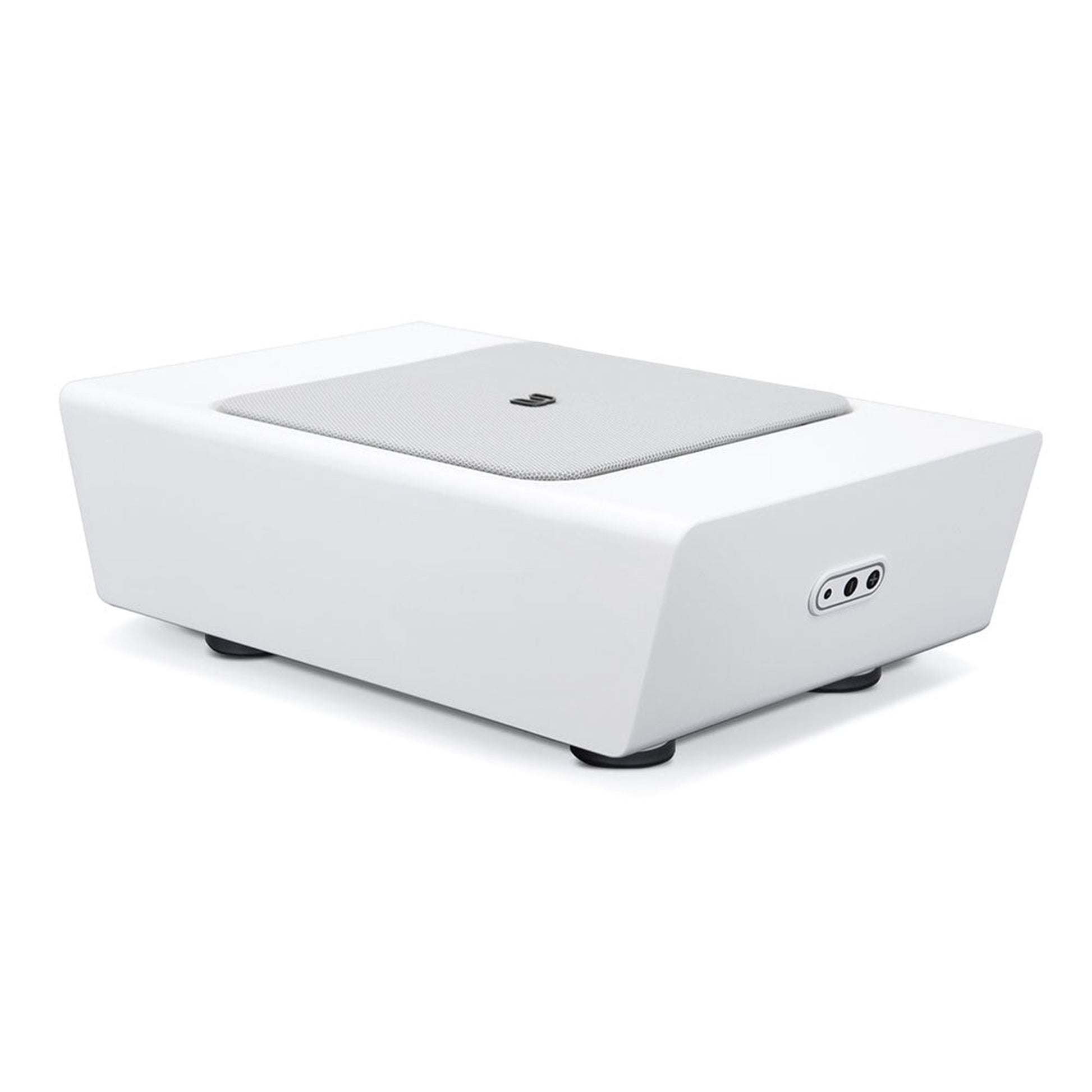 Bluesound Pulse Sub+ Subwoofer Weiss Schrägansicht von oben mit Gitter