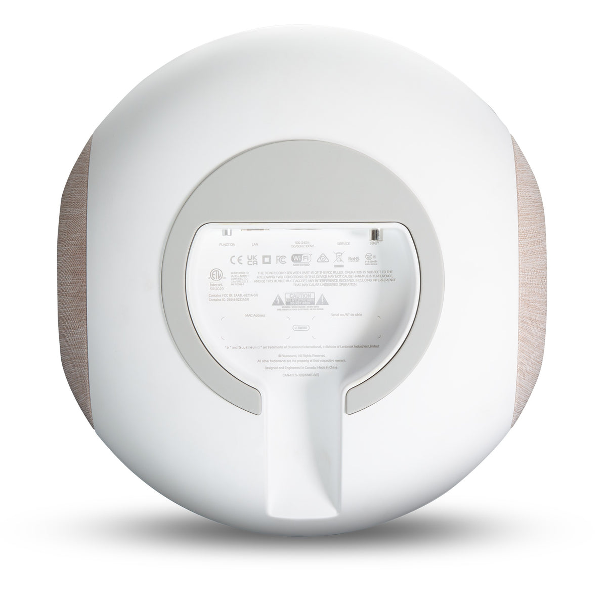 Bluesound Pulse SUB (SW200) Subwoofer Weiss Unteransicht mit Standfuss und hellen Gittern
