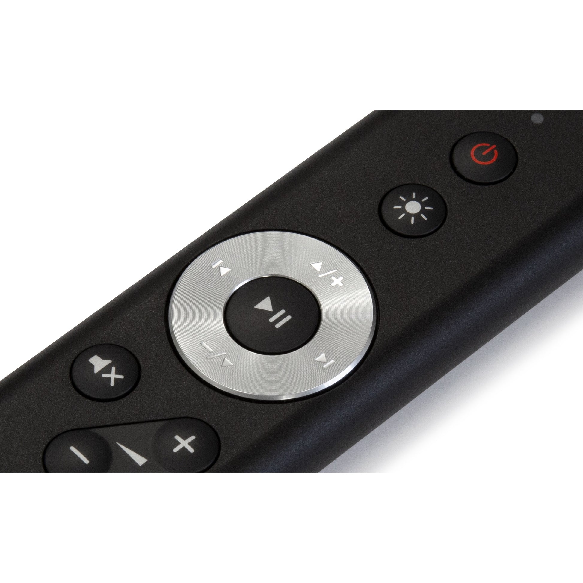 Bluesound RC1 Fernbedienung Schwarz Detailansicht der Steuertasten mit Play-Pause-Ring