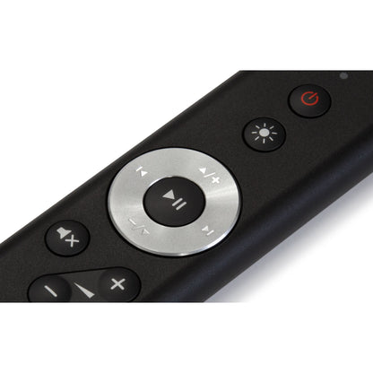 Bluesound RC1 Fernbedienung Schwarz Detailansicht der Steuertasten mit Play-Pause-Ring
