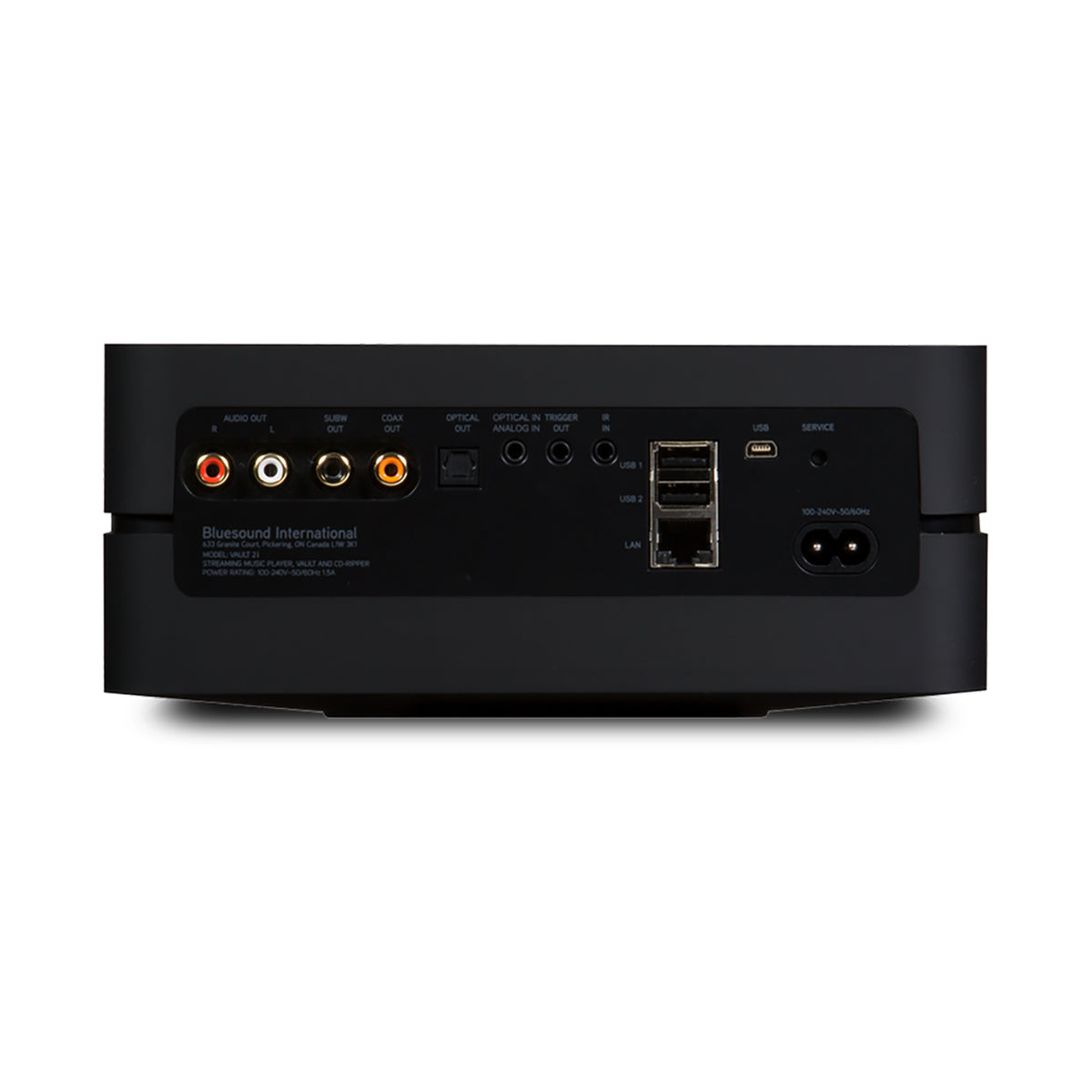 Bluesound Vault 2i Musikserver Schwarz Rückansicht mit Cinch, Subwoofer-Out, Koax, Optical, LAN und USB