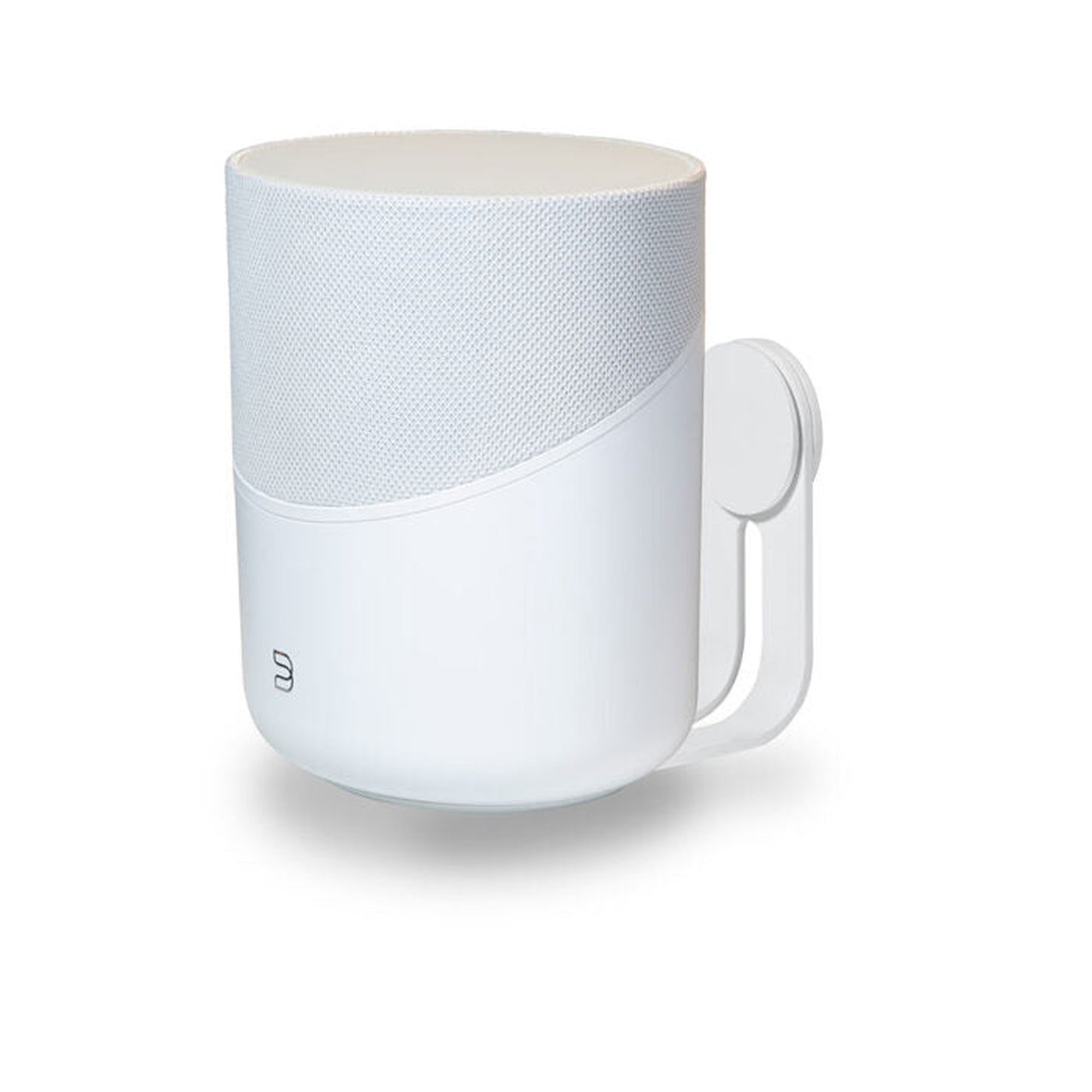 Bluesound WM230 Wandhalterung Pulse M Weiss Schrägansicht mit montiertem Pulse M von vorne