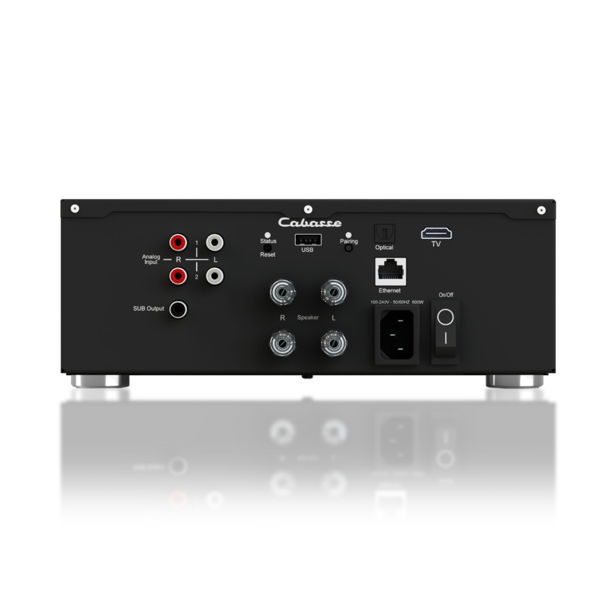 Cabasse Abyss Streaming-Vollverstärker Schwarz Anschlussfeld mit Cinch-, Lautsprecher-, USB- und Ethernet-Anschlüssen
