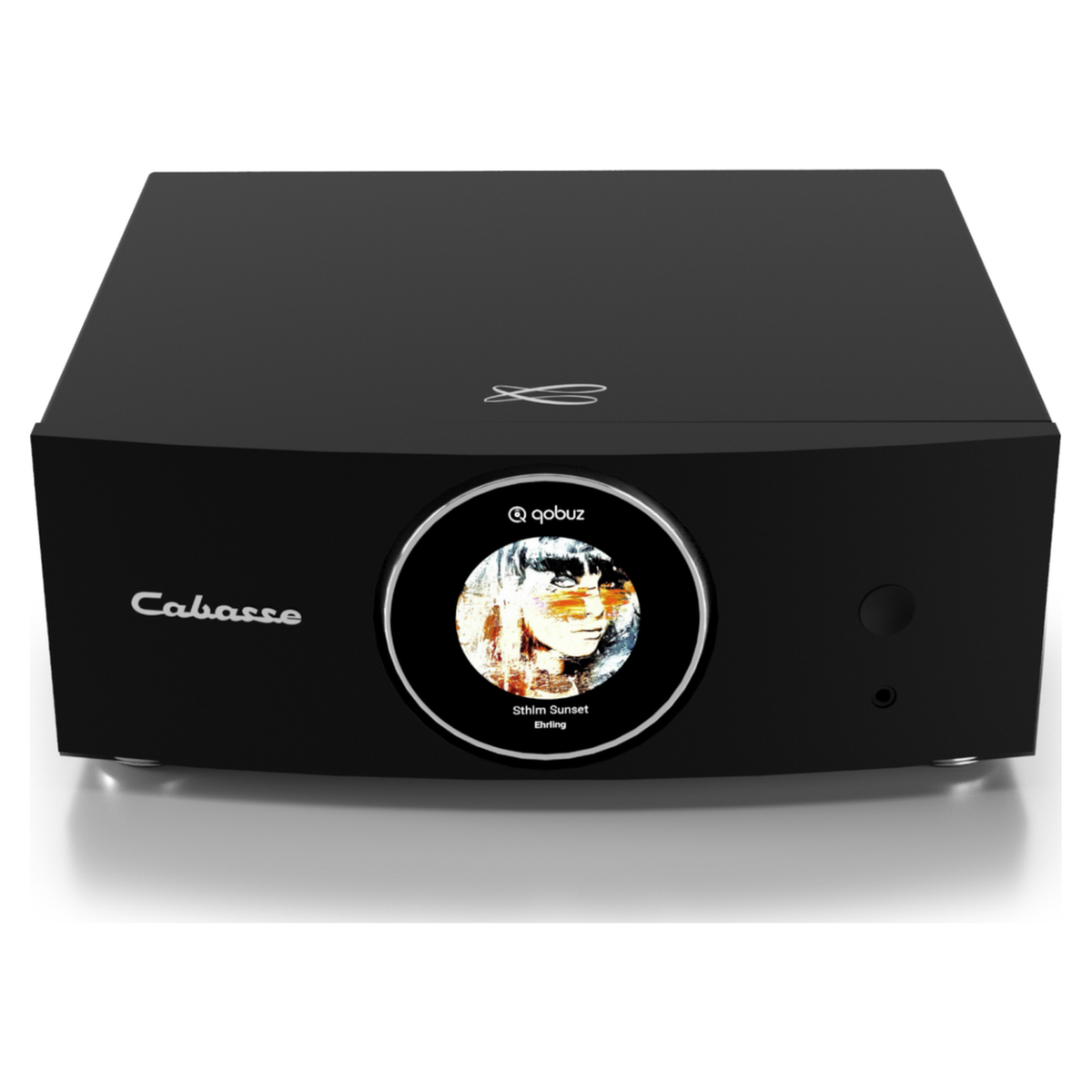 Cabasse Abyss Streaming-Vollverstärker Schwarz Schrägansicht mit rundem Display