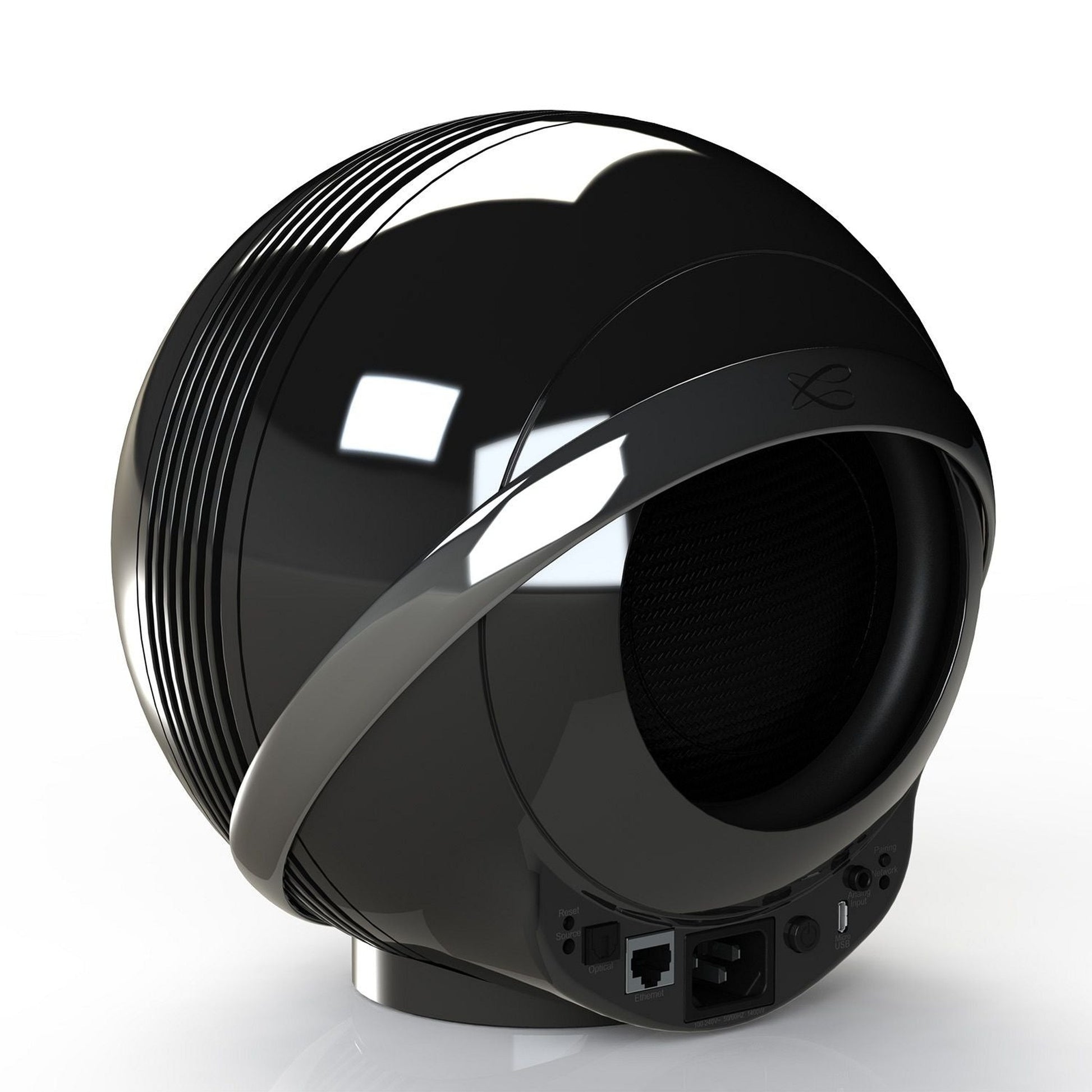 Cabasse The Pearl Akoya Kompaktlautsprecher Rückansicht, Schwarz, Anschlussfeld des Standfuss-Sets
