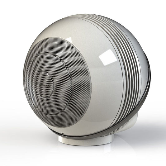 Cabasse The Pearl Akoya Kompaktlautsprecher Schrägansicht, Weiss, Kugelgehäuse mit Koaxial-Treiber