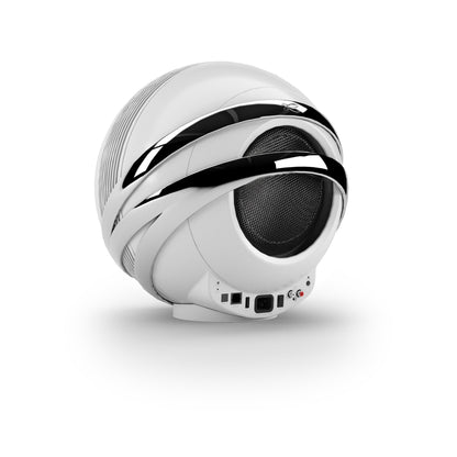 Cabasse The Pearl Aktivlautsprecher mit Standfuss Schrägansicht von hinten mit Anschlussfeld, Weiss