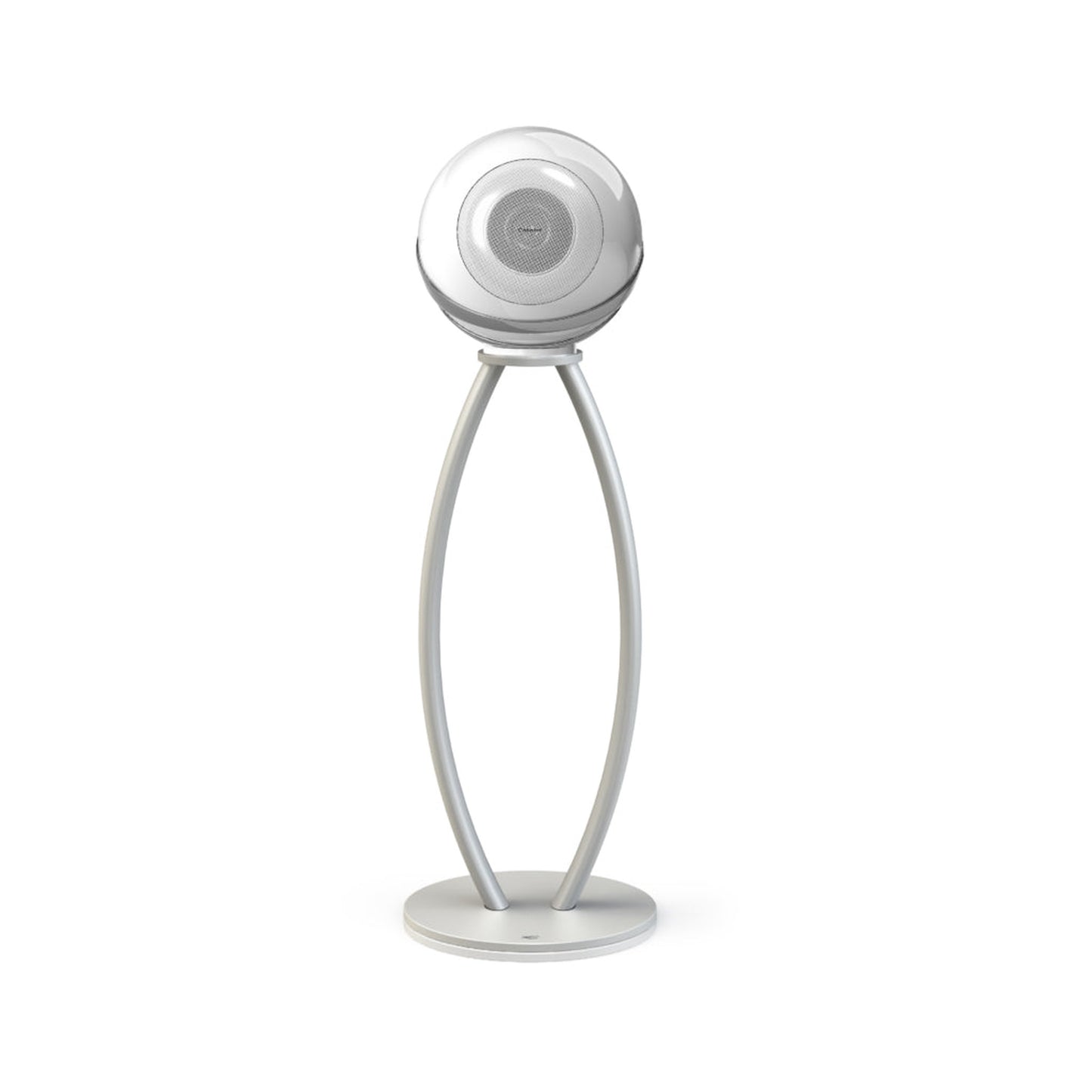 Cabasse The Pearl Aktivlautsprecher mit Standfuss Schrägansicht, Standfuss mit runder Bodenplatte, Weiss