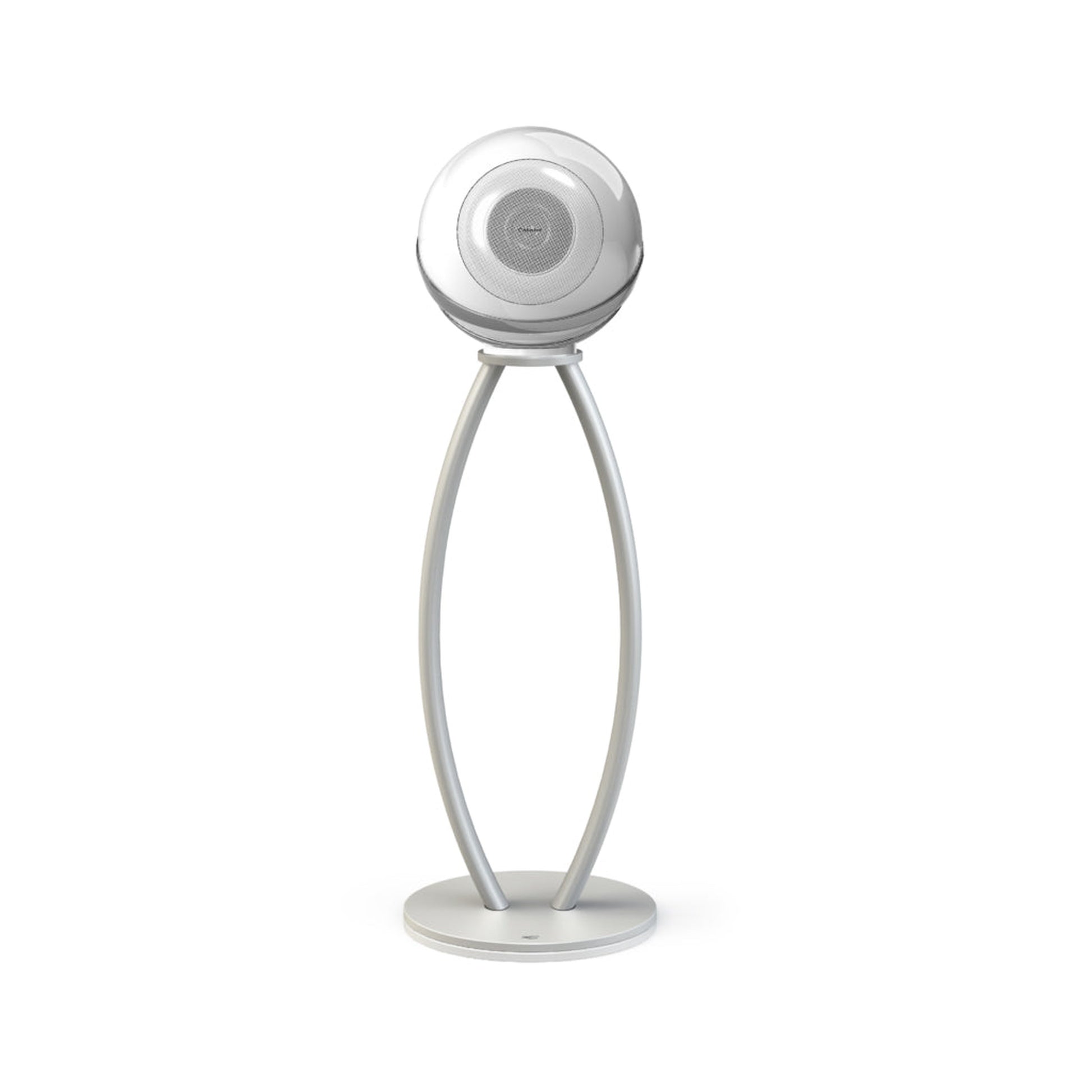 Cabasse The Pearl Aktivlautsprecher mit Standfuss Schrägansicht, Standfuss mit runder Bodenplatte, Weiss