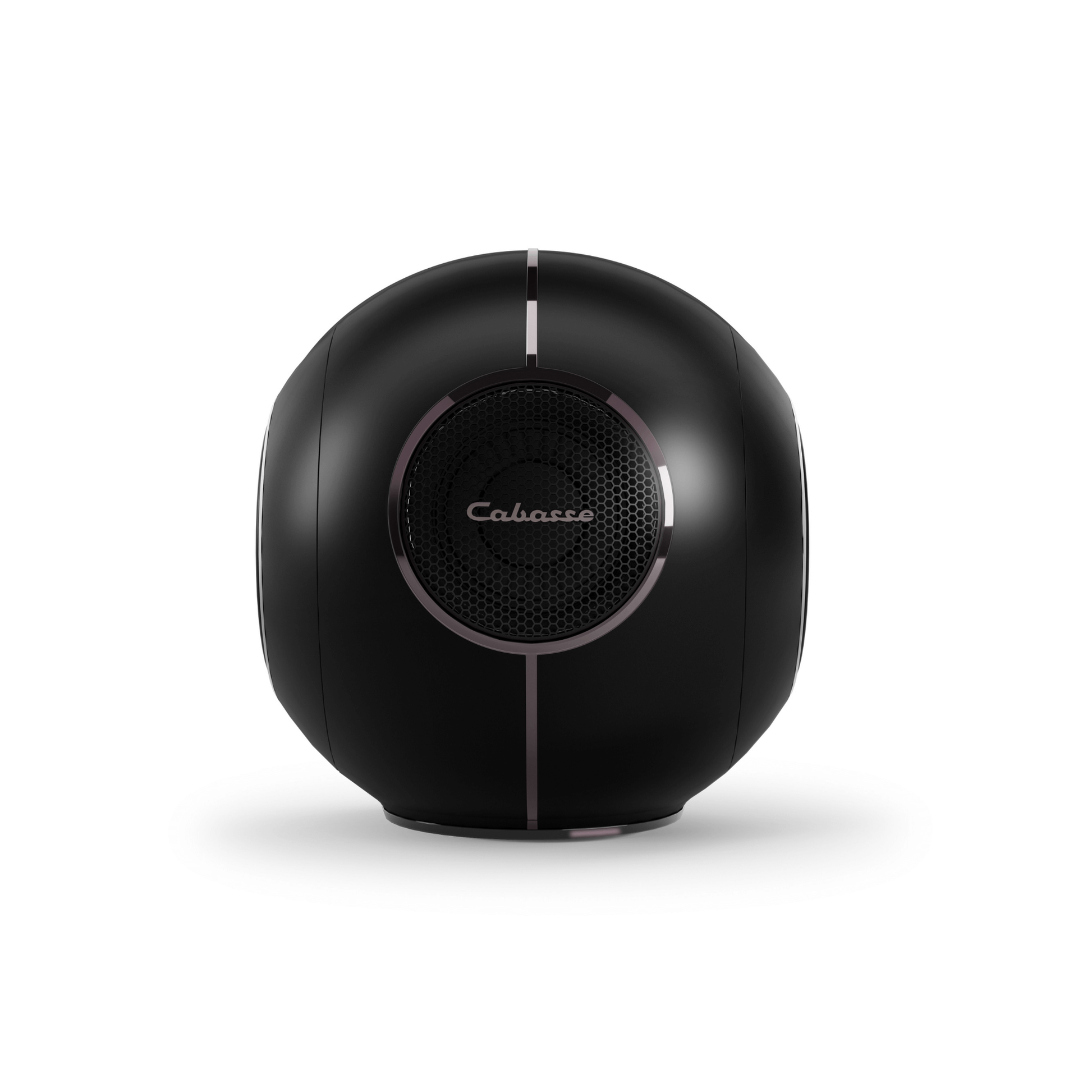 Cabasse The Pearl Myuki Aktivlautsprecher Frontansicht mit Koaxialtreiber hinter Metallgitter in Schwarz