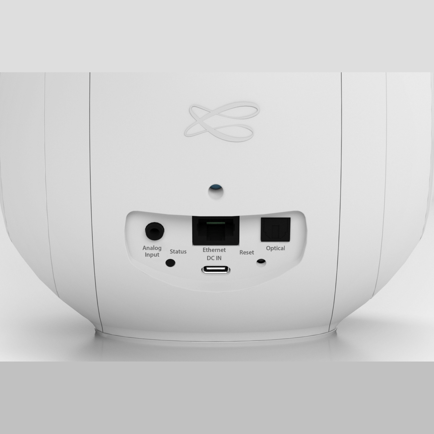 Cabasse The Pearl Myuki Aktivlautsprecher Anschlussfeld mit Analogeingang, Ethernet, DC-Eingang und Optical in Weiss