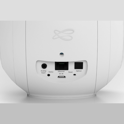 Cabasse The Pearl Myuki Aktivlautsprecher Anschlussfeld mit Analogeingang, Ethernet, DC-Eingang und Optical in Weiss