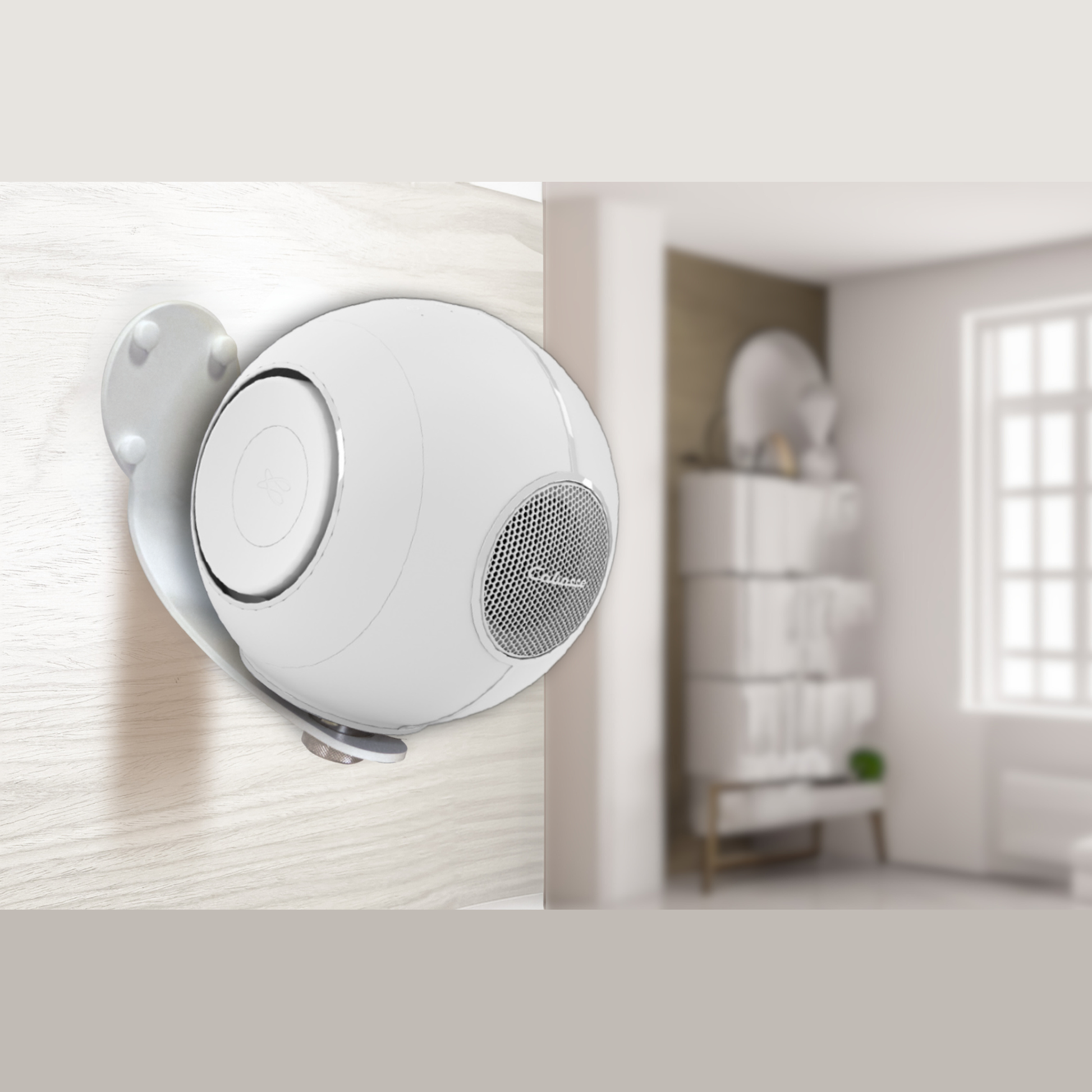 Cabasse The Pearl Myuki Aktivlautsprecher Lifestyle an Wandhalterung montiert im Wohnraum in Weiss