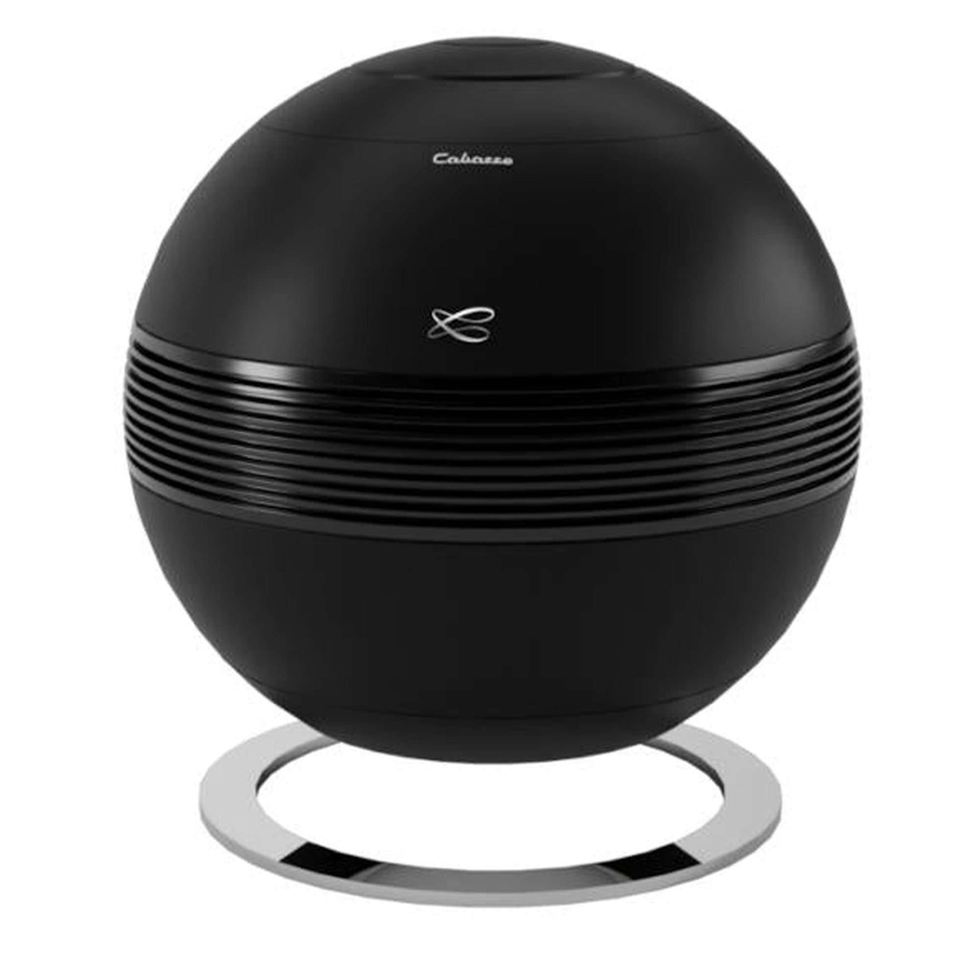 Cabasse The Pearl Sub Subwoofer Frontansicht mit umlaufenden Lamellen und Chromfuss, Schwarz
