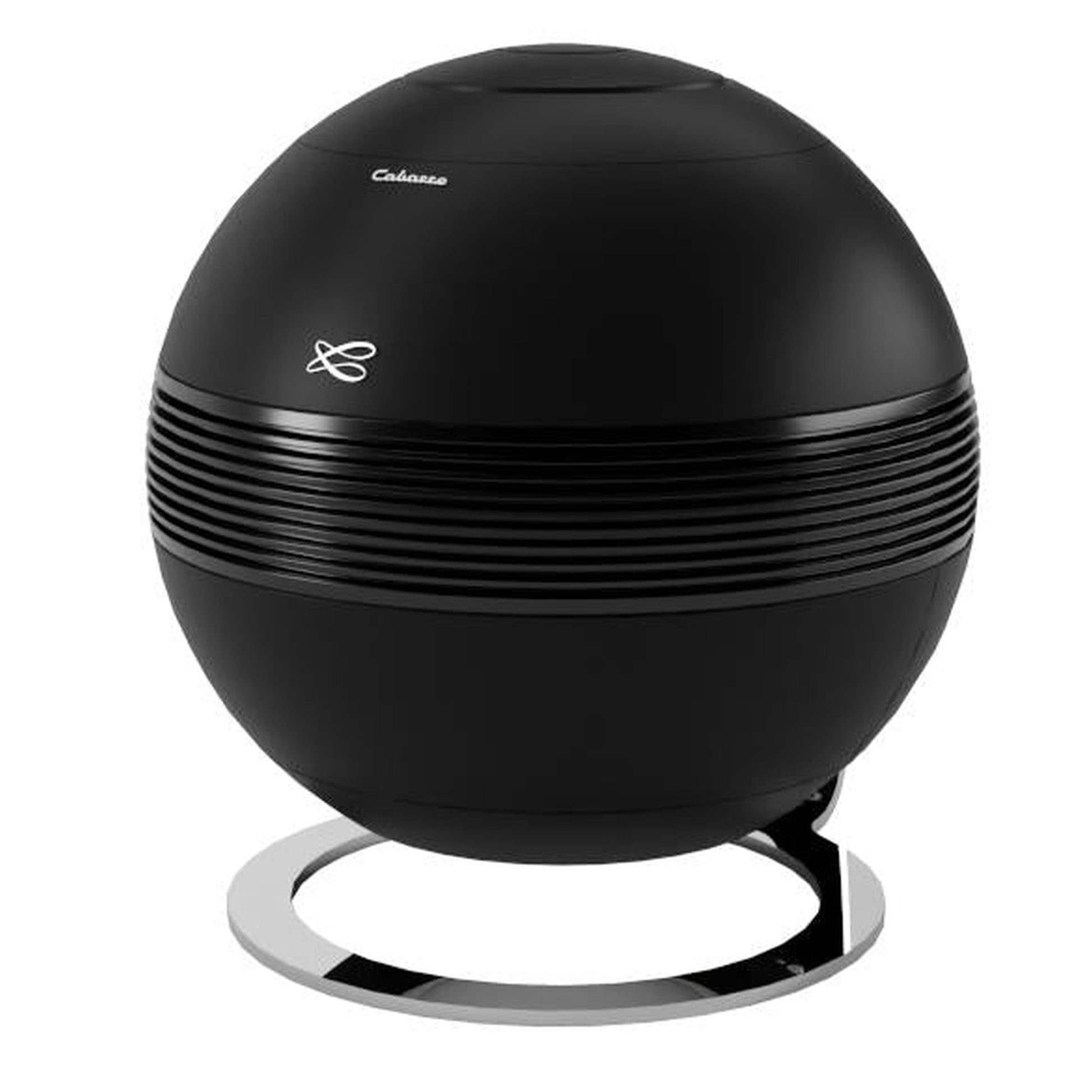Cabasse The Pearl Sub Subwoofer Schrägansicht mit Cabasse Logo auf dem Kugelgehäuse, Schwarz