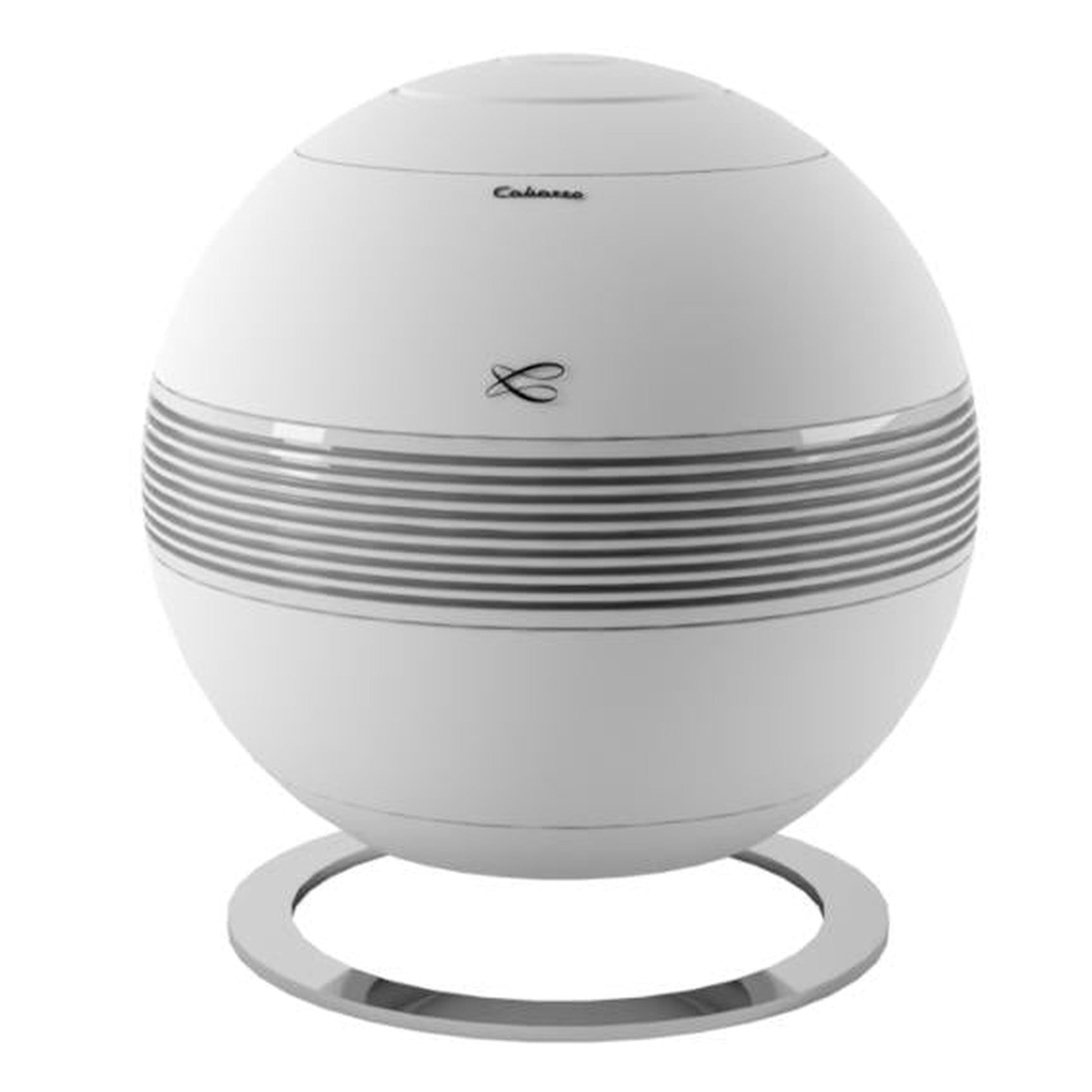 Cabasse The Pearl Sub Subwoofer Frontansicht mit umlaufenden Lamellen und Chromfuss, Weiss