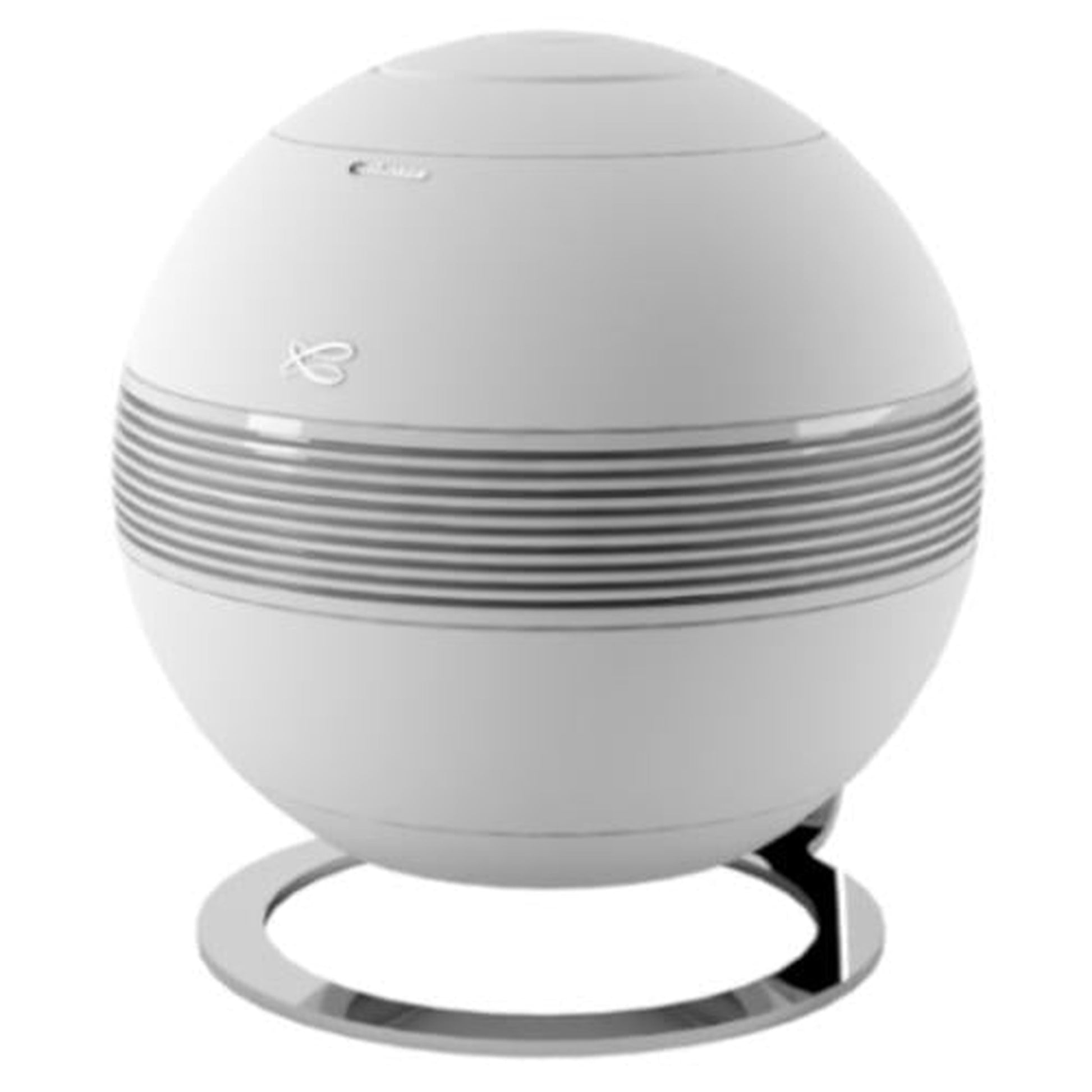 Cabasse The Pearl Sub Subwoofer Schrägansicht mit Cabasse Logo auf dem Kugelgehäuse, Weiss
