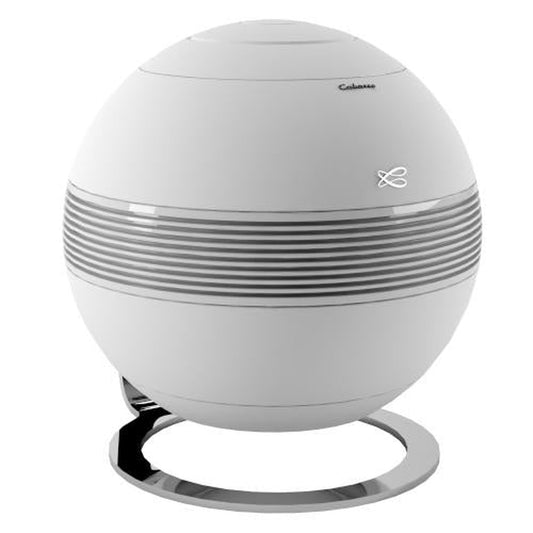 Cabasse The Pearl Sub Subwoofer Schrägansicht, Kugelgehäuse mit Lamellenring auf Chromfuss, Weiss