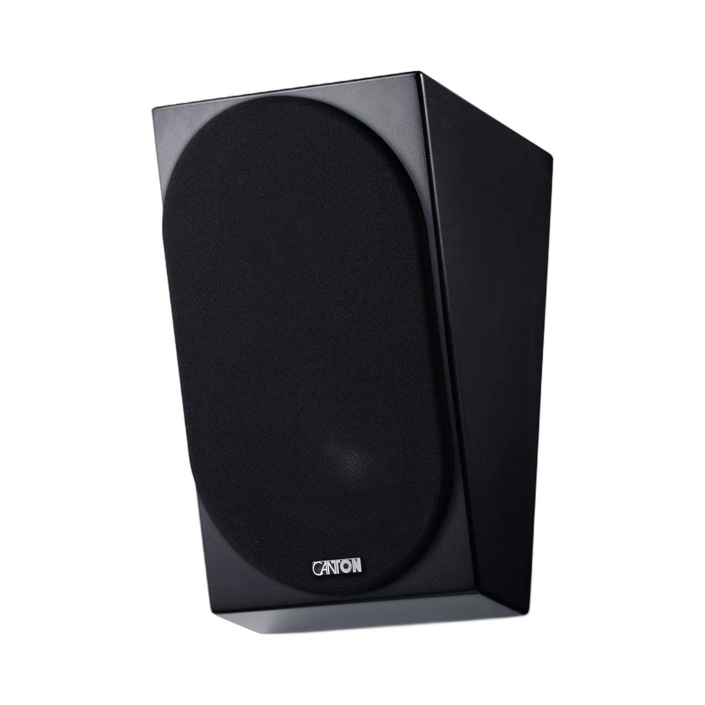 Canton AR 4 S2 Surround-Lautsprecher Schwarz Schrägansicht mit aufgesetzter Stoffabdeckung und Canton Logo