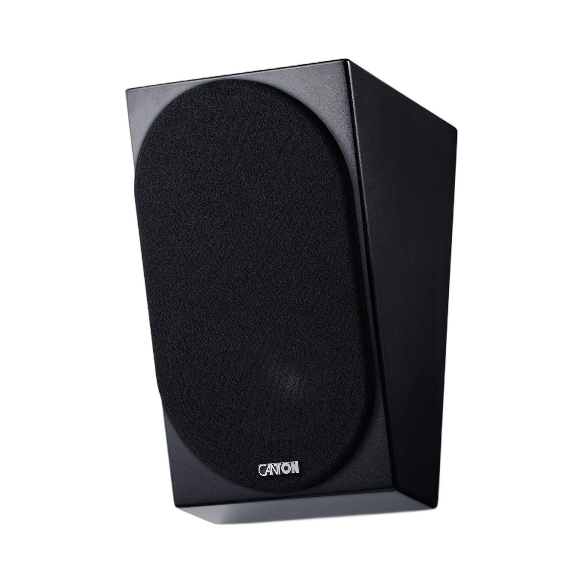 Canton AR 4 S2 Surround-Lautsprecher Schwarz Schrägansicht mit aufgesetzter Stoffabdeckung und Canton Logo