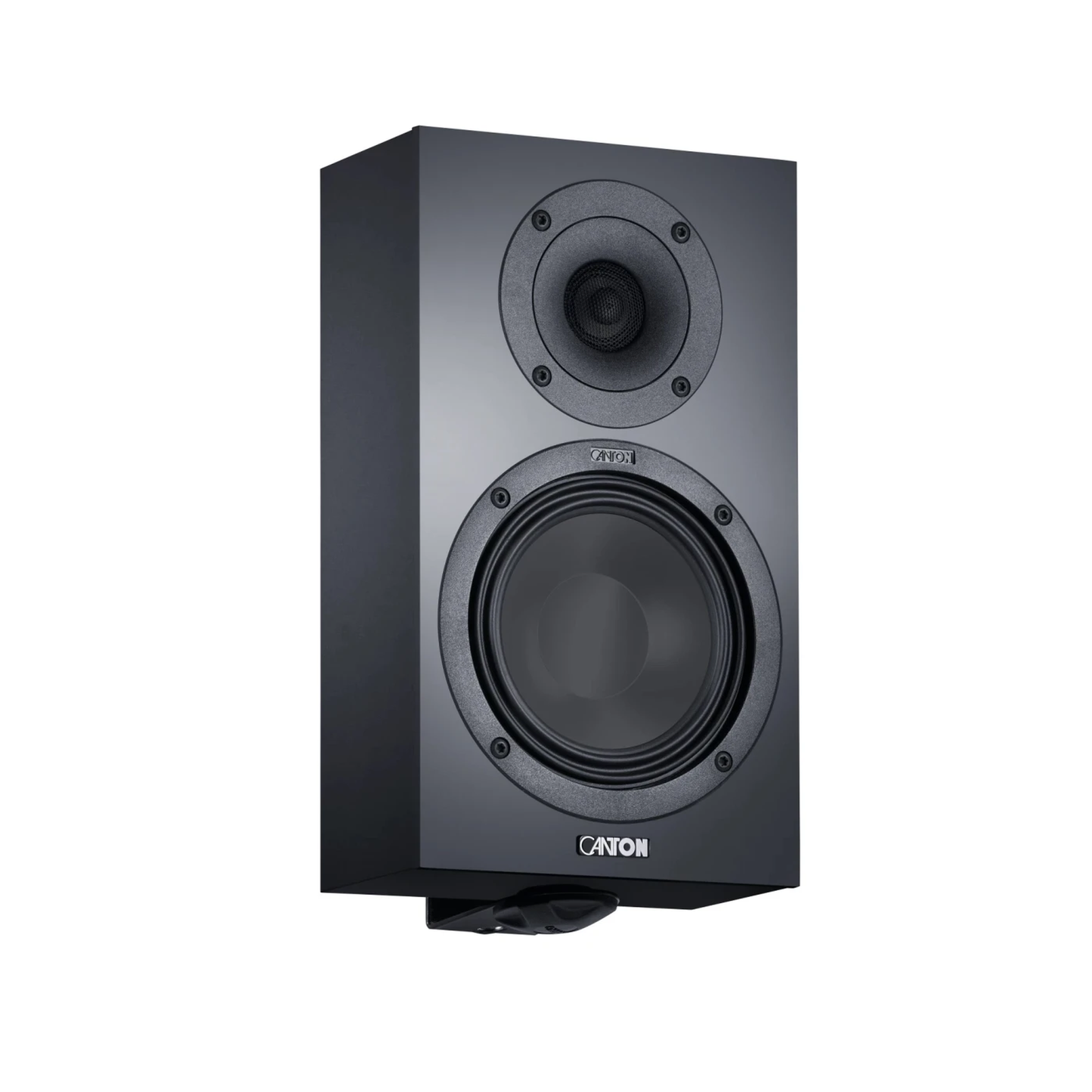 Canton GLE 10 PRO S2 On-Wall-Lautsprecher Schwarz Schrägansicht ohne Abdeckung mit Wandhalterung am Gehäuseboden