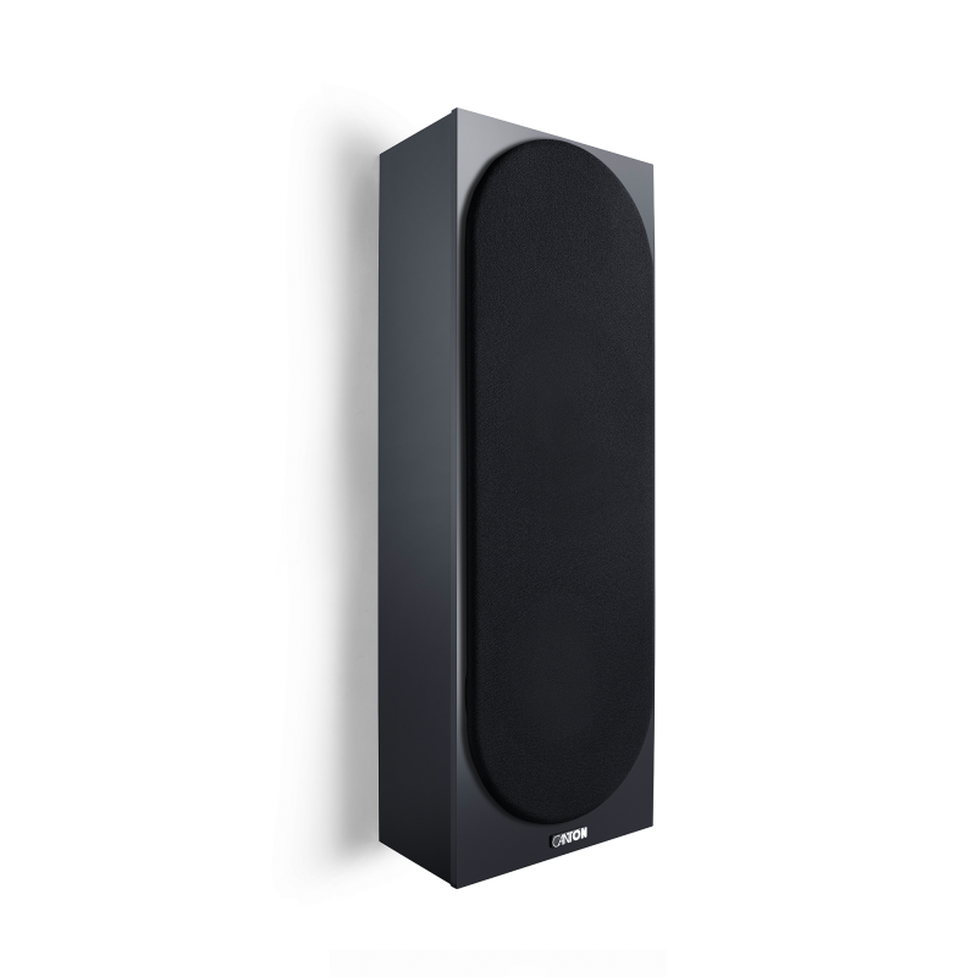 Canton GLE 15 OnWall S2 Wandlautsprecher Schwarz Schrägansicht mit montierter Frontabdeckung an der Wand